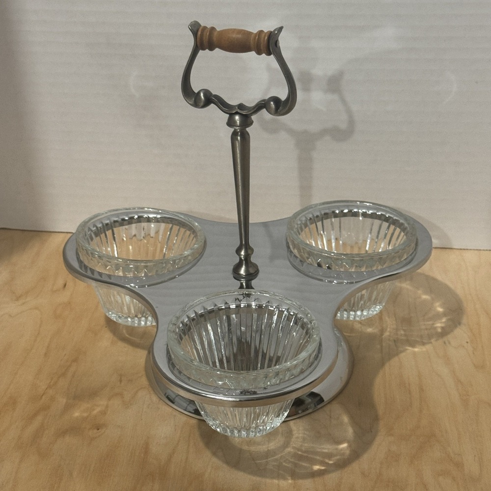 Vintage Kromex Chrome Serving Tray 3 Clear Glass Bowls Dip Condiments Removable
